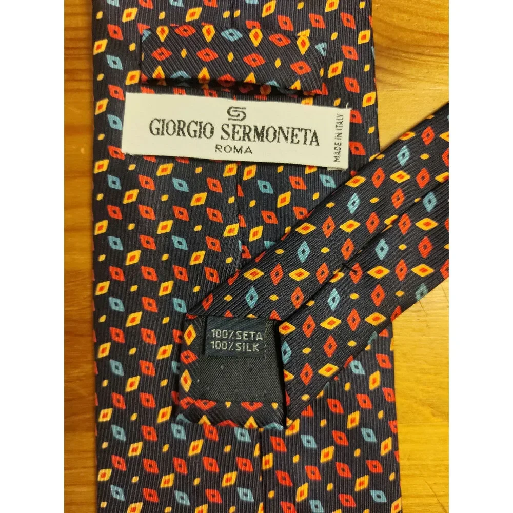 Giorgio Sermoneta Roma 100% Silk Necktie Navy With Multicolor Geometric Pattern